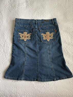 Vintage 90s Denim Embroidered Studded Midi Skirt